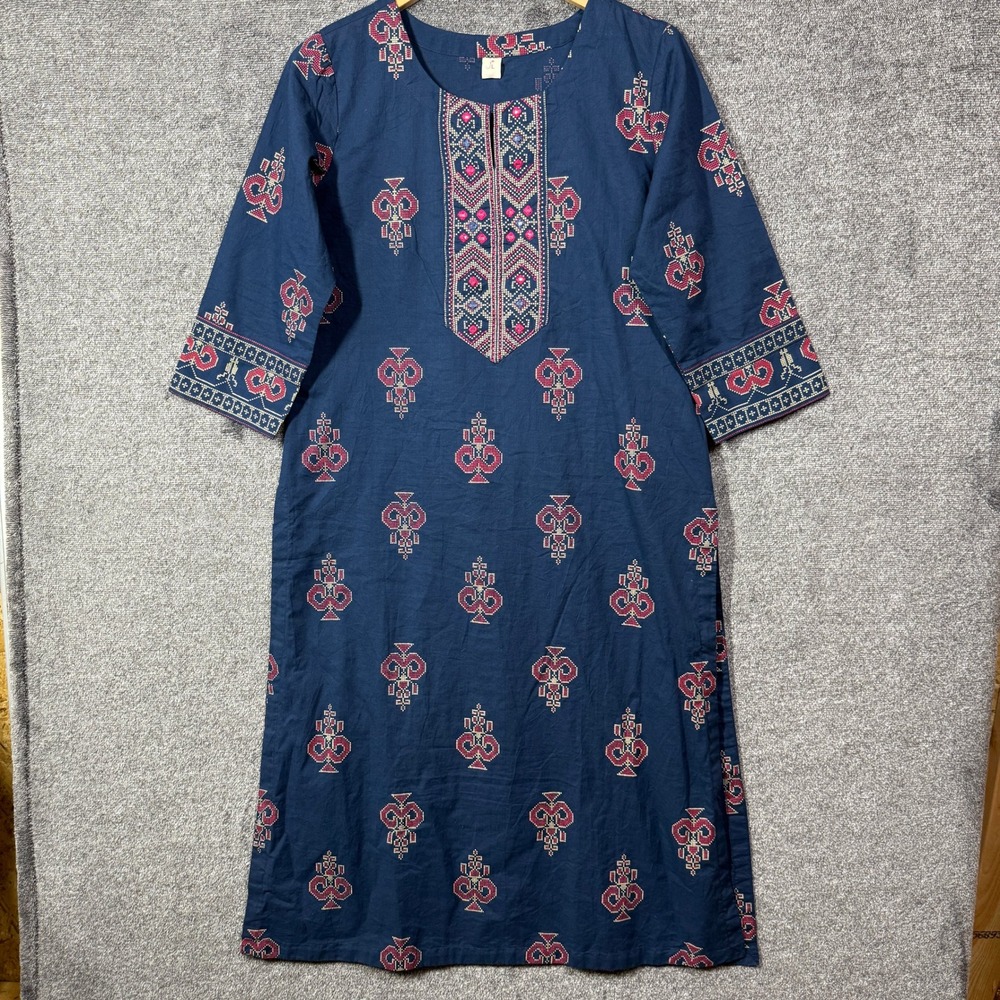 Kurta Tunic Dress Navy Blue Embroidered Cotton 3/4 Sleeve Geometric Print L
